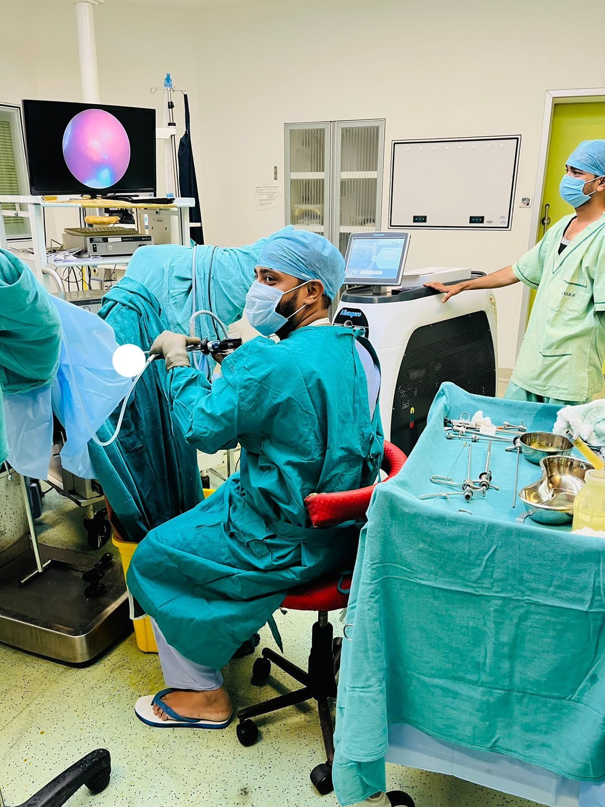 Laser stone surgery being performed in the operating theatre